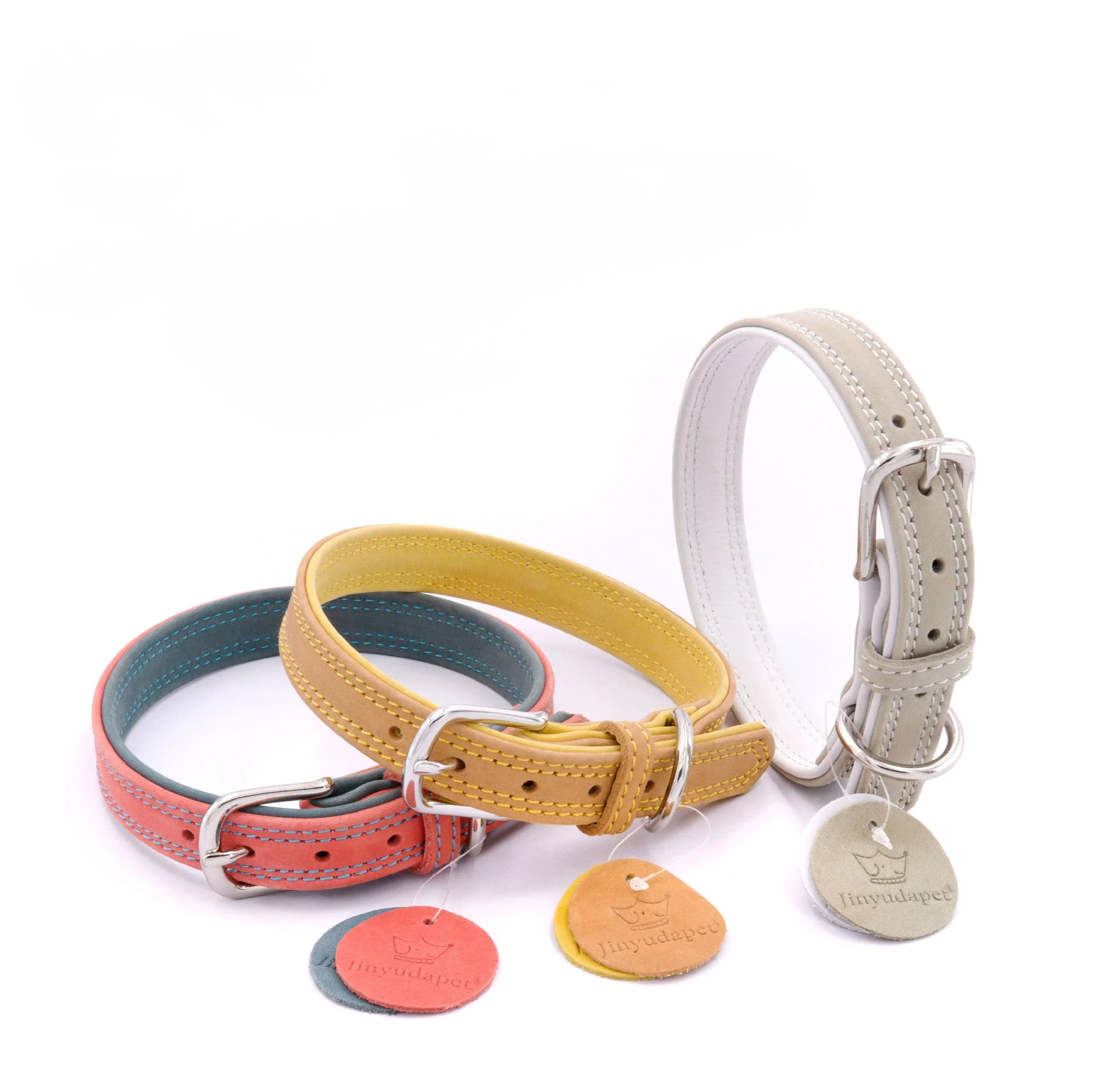 Collar de perro de piel de vaca amarilla de grano superior, Collar de mascota impermeable ajustable de cuero real, cables de perro a juego de dos tonos suaves de doble capa