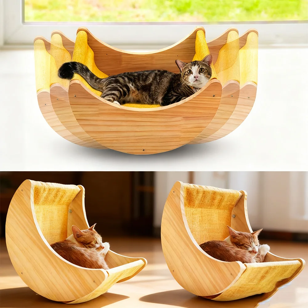 Sistema de escalada para gatos montado en la pared con estantes de madera Cama en forma de luna Plataformas de cara para gatos y escaleras de pared para jugar en gatos en interiores - imagen 5
