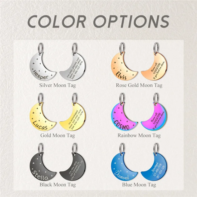 Personalized Anti-lost ID Tag Moon Shape Name Tags Plates Free Engraving Cats Kitten Nameplate Pendant DIY Accessories for Pets - imagen 3