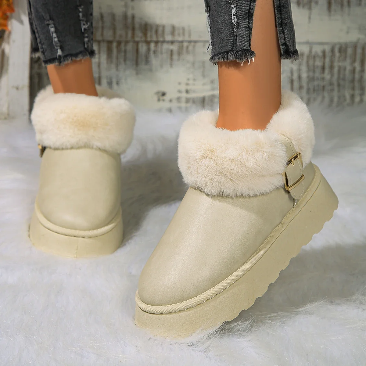 Botas de nieve impermeables de cuero Pu para mujer, botines de plataforma de felpa cálida, zapatos de algodón de piel sintética de fondo grueso, invierno, 2024 - imagen 4