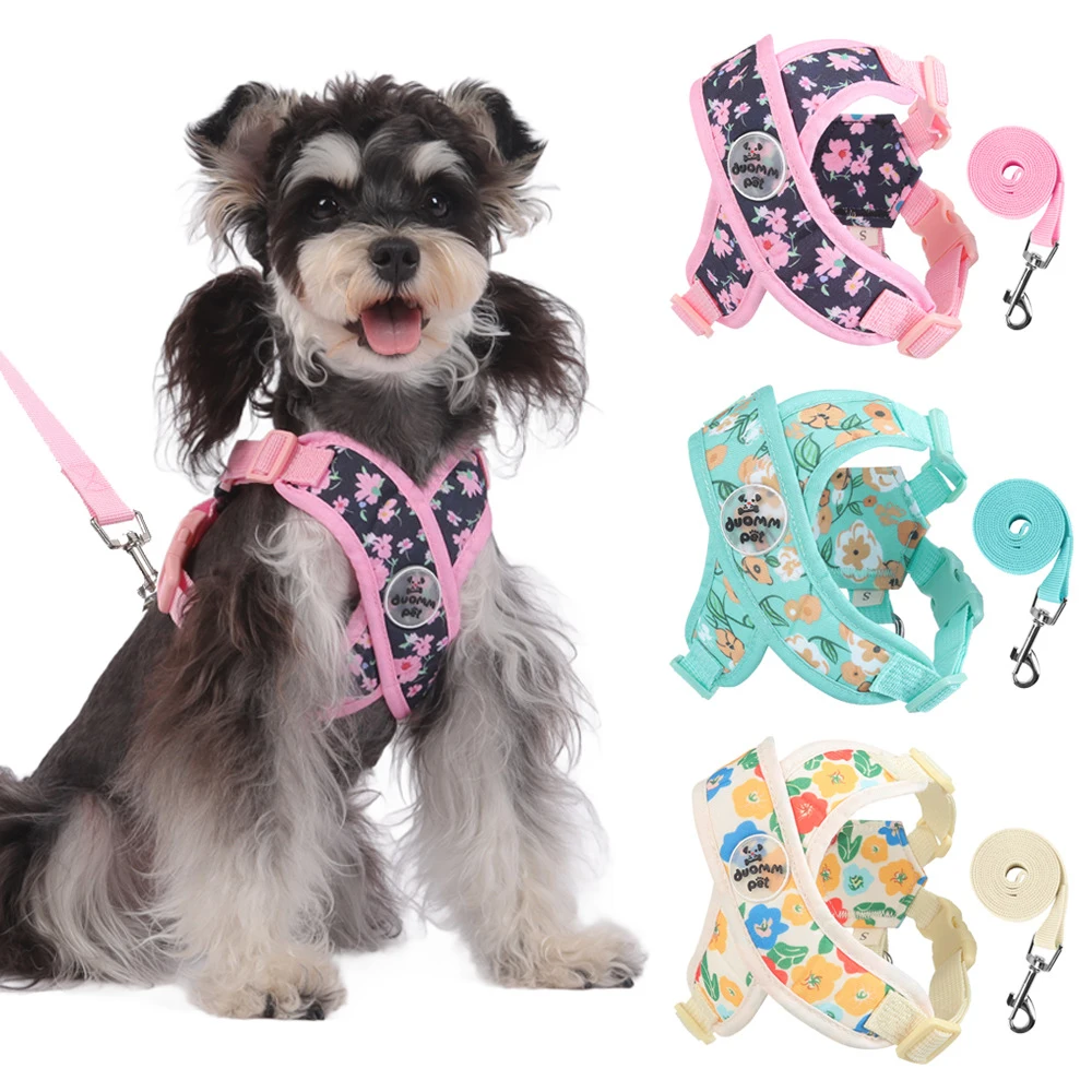 Arnés Floral para perros pequeños, sin tirones, en forma de X, arnés para cachorros, arnés de seguridad suave para el pecho para mascotas con correa para caminar
