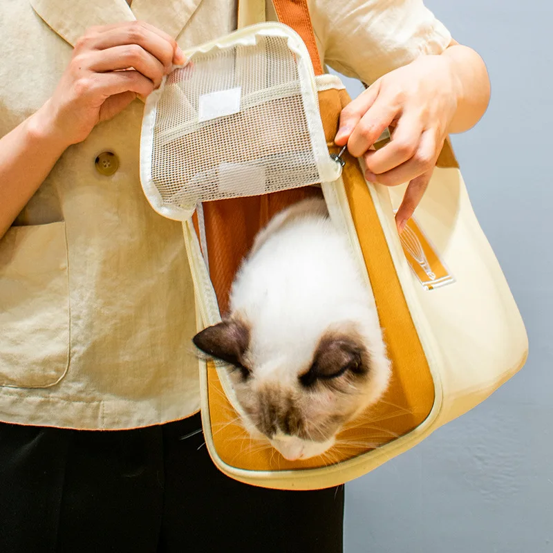 Bolso de hombro de diseñador para gato, bolsa de lona de malla para perros y gatos pequeños, bolsas de viaje para exteriores, bolso de mano con cremallera transpirable, accesorios de transporte para gatos - imagen 2