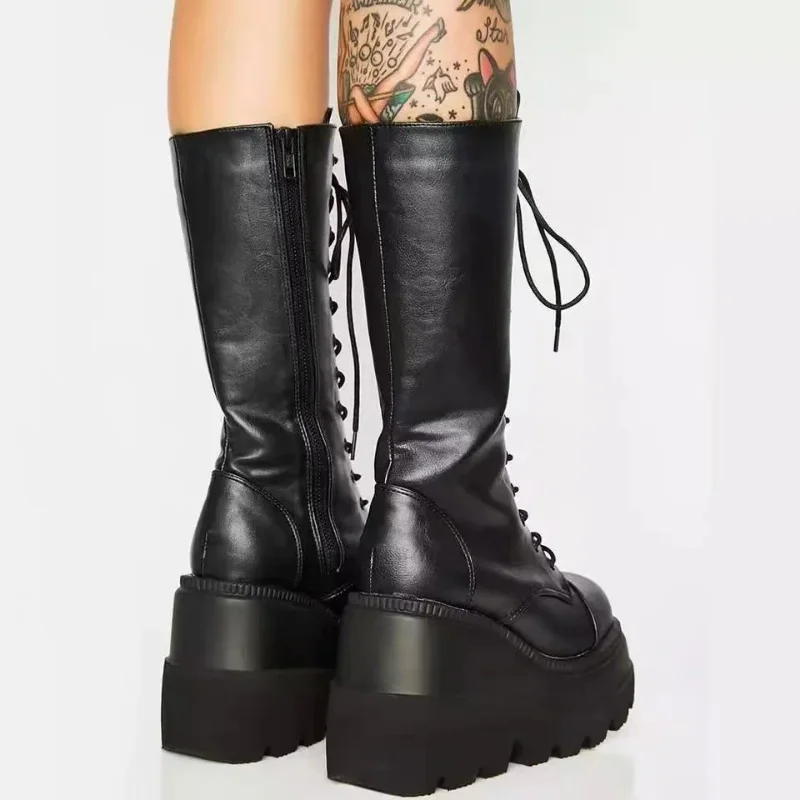 Botas de plataforma para mujer, botines militares de combate contra la lluvia, cuero corto negro, Rock, Punk, gótico, Lolita, Ofertas de liquidación, Invierno - imagen 5