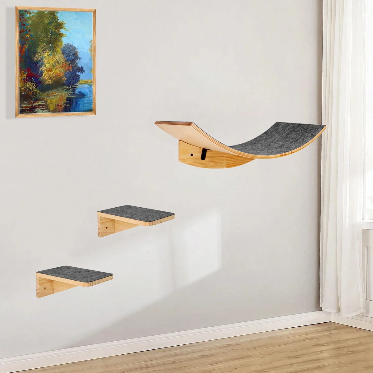 Mueble montado en la pared para gatos, estantería curvada y perchas para gatos, mueble cómodo para dormir y jugar a la escalada, 1 unidad - imagen 3