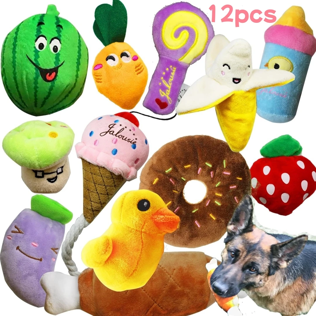 Juego de 12 piezas de juguetes de peluche para perros, juguetes chirriantes para perros, lindos juguetes de peluche para mascotas, juguetes masticables para cachorros rellenos adecuados para pequeños y m
