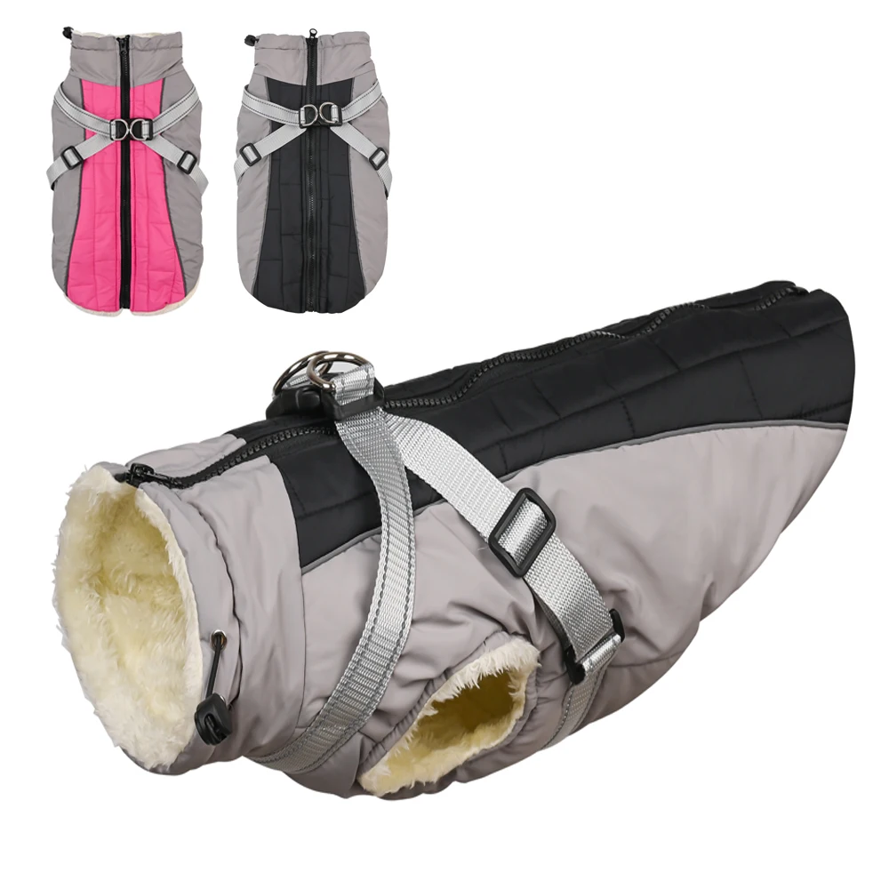 Chaqueta de invierno con arnés para perro, abrigo impermeable para mascotas al aire libre para perros pequeños y grandes, reflectante, gruesa, cálida, chaleco