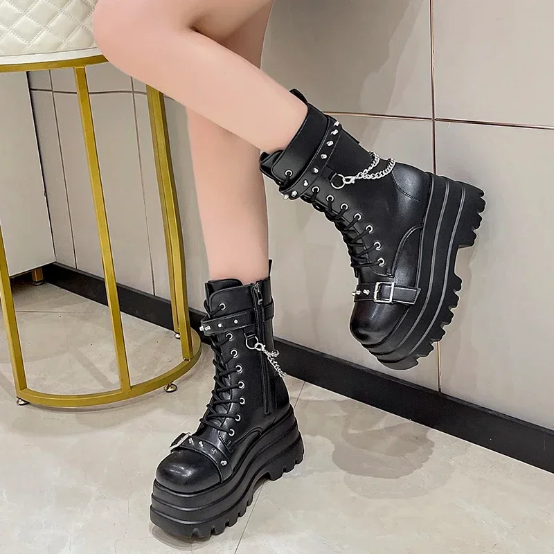 Botas góticas gruesas con plataforma para mujer, zapatos de otoño con hebilla, cuñas hasta la rodilla, Botas Punk Street Cosplay, cadena de motocicleta - imagen 4
