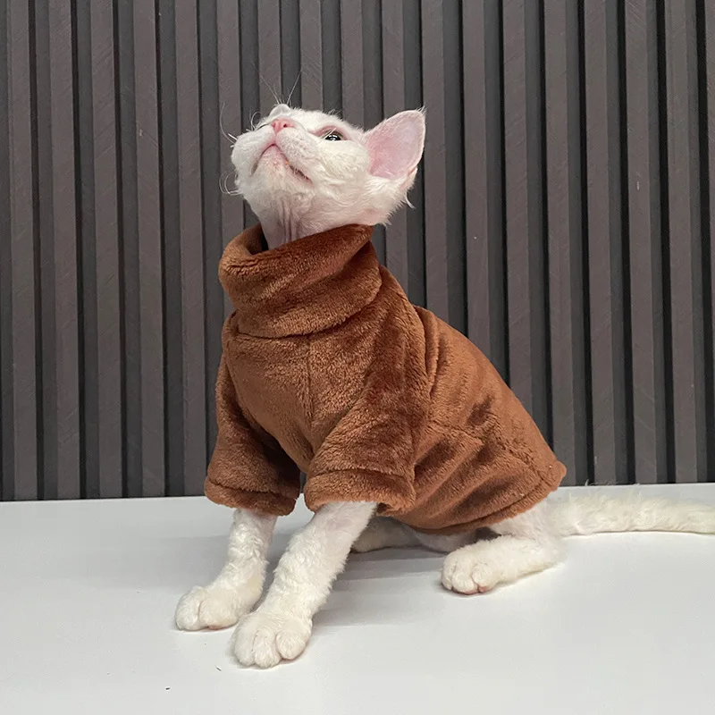 Ropa cálida de terciopelo Coral sin pelo para gatos, chaleco Sphynx de invierno, ropa de cuello alto para gatitos, disfraz para cachorros, accesorios para mascotas - imagen 3