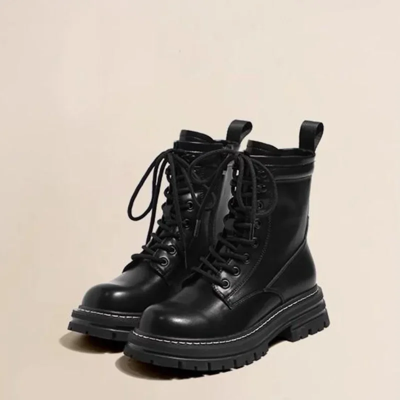 Botas cortas de nieve para mujer, Botines de piel negra y marrón, zapatos acolchados de algodón, fondo grueso cálido, otoño e invierno, novedad - imagen 3