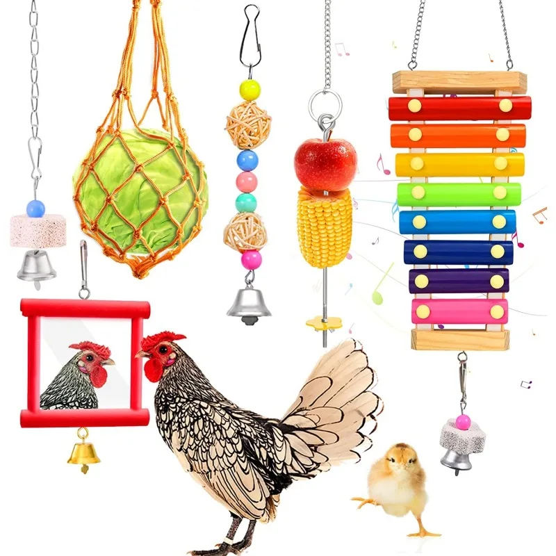 Juego de juguetes para pollo, campanas, cuerdas de frutas, espejo, mascota, gallo grande, escaleras, juguetes para pájaros - imagen 4