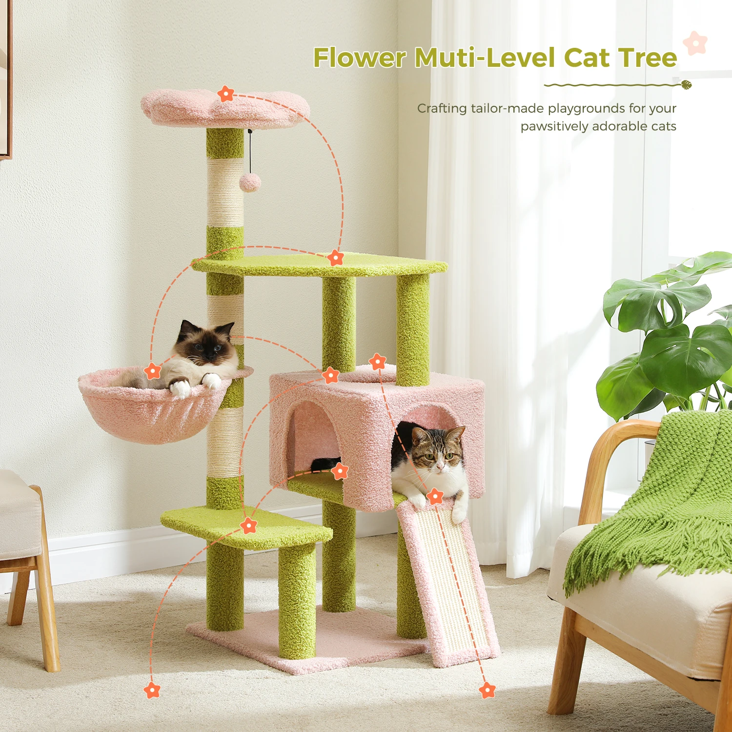 Árbol rascador multinivel para gatos con postes de sisal y juguetes - imagen 3