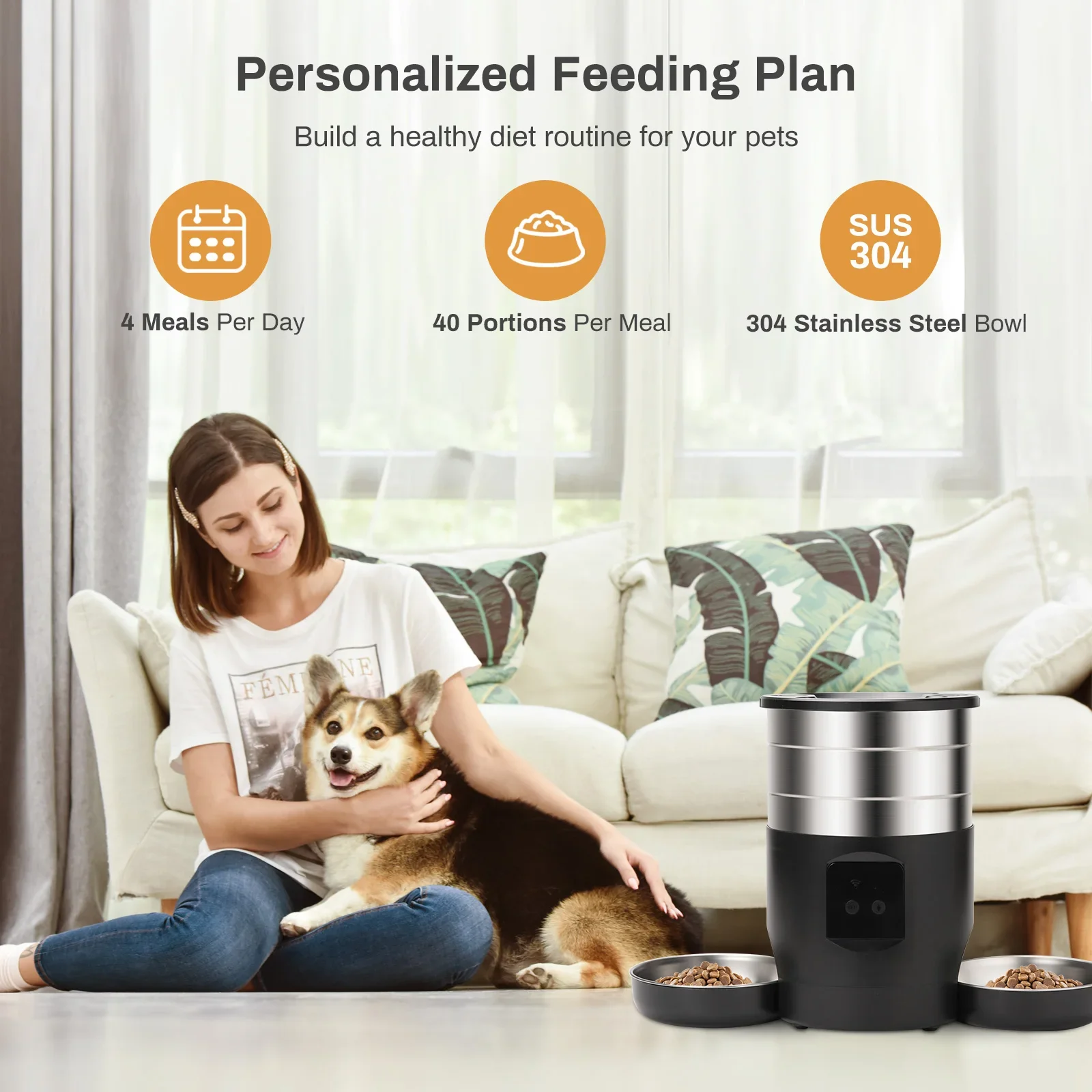 Comedero automático para gatos de 4,5l con botón WiFi, dispensador inteligente de comida para perros y gatos, dos cuencos de acero inoxidable, suministros para mascotas - imagen 5