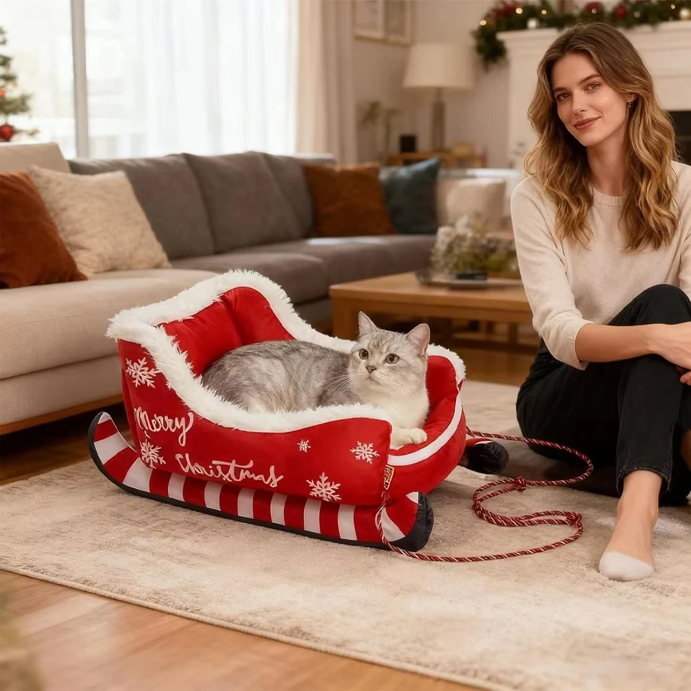 Trineo para gatos, cama para mascotas, regalo festivo de Navidad con diseño de copo de nieve rojo y blanco, cómodo tapete duradero para perros pequeños y gatos grandes - imagen 5