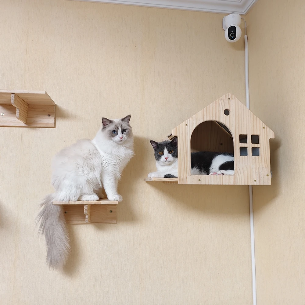 Villas para gatos montadas en la pared con varios estilos de camas para gatos, accesorios para escaleras de madera maciza, adecuados para gatos para jugar y descansar