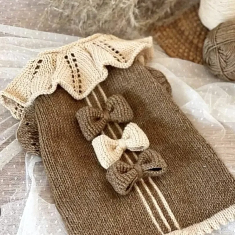 Suéter cálido de invierno para mascotas: jersey de punto con lazo de color sólido para cachorros maltés, de peluche y pequeños