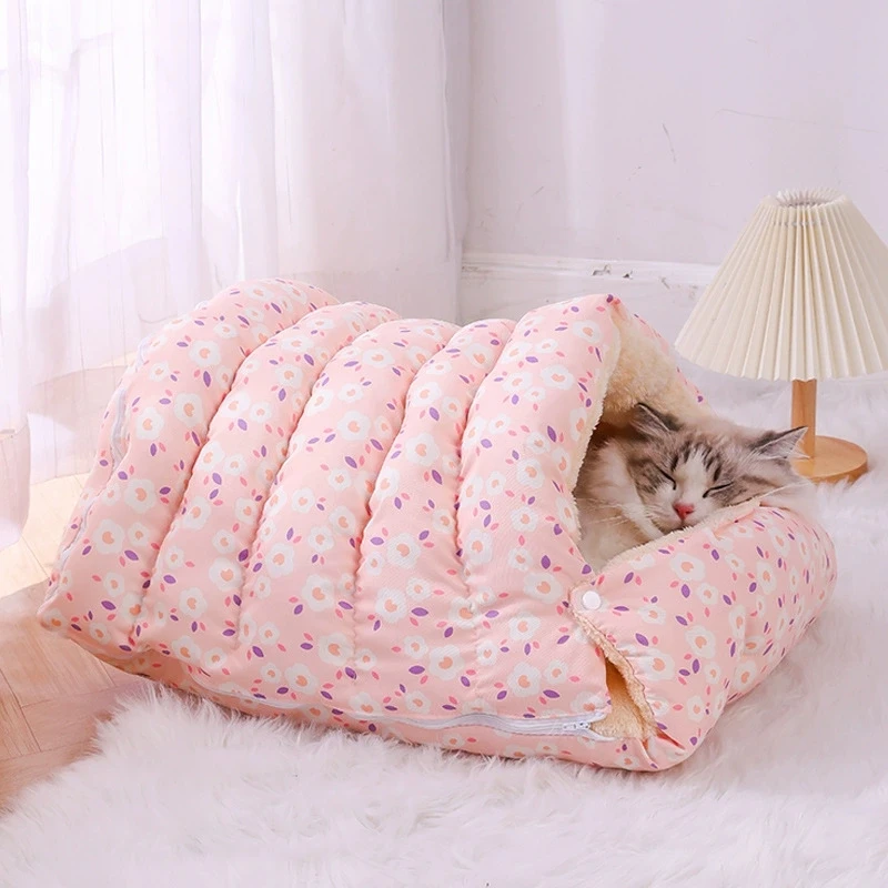 Cama para gatos cerrada y cálida para invierno, saco de dormir con forro de felpa extraíble para perros pequeños y gatos, casa para mascotas calentada con forro polar grueso - imagen 3