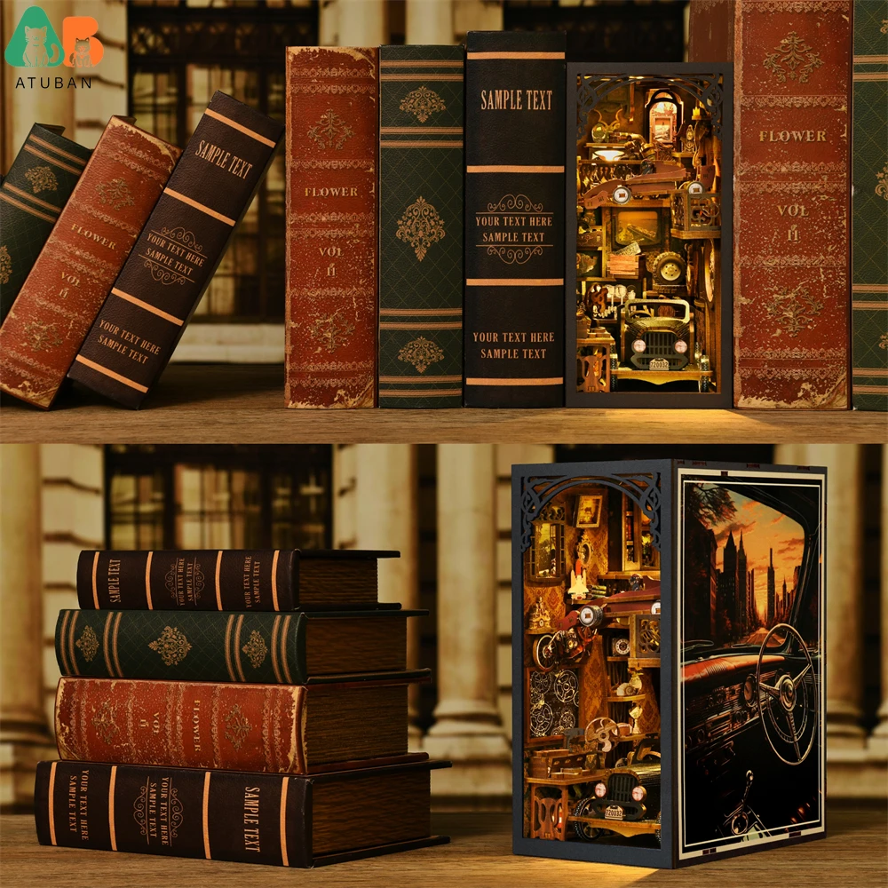 ATUBAN-Kit de rincón de libros para coche clásico F1, rompecabezas de madera DIY, decoración de estantería, modelo de casa de muñecas, sujetalibros, decoración de construcción, regalos - imagen 5