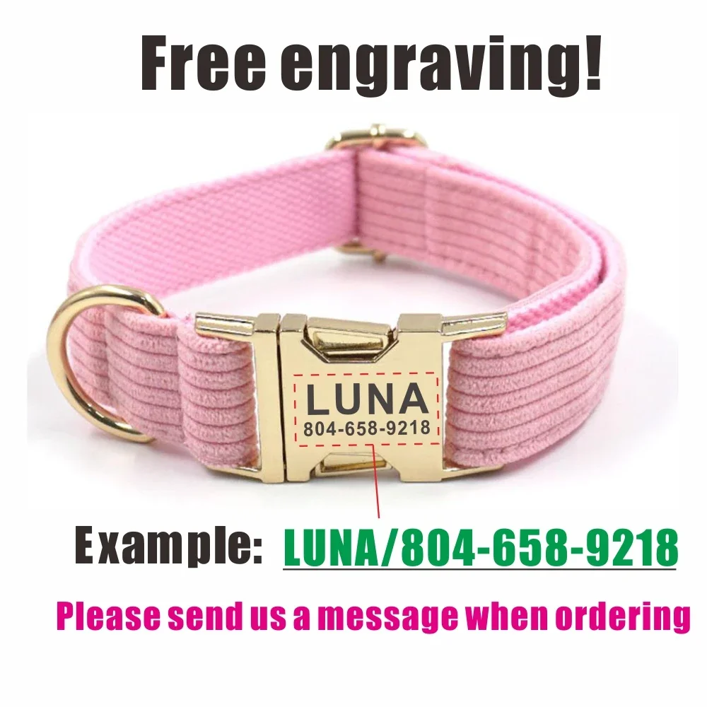 Collar de perro personalizado con grabado gratuito, correa para mascotas a juego, hebilla de Metal de contactos personalizados, Collar para mascotas de fibra de pana rosa - imagen 4