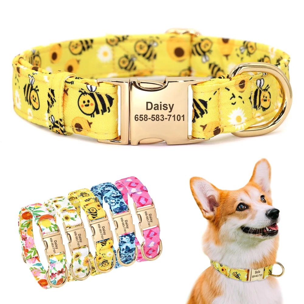 Collar de perro de nailon personalizado, collares para cachorros con estampado de abeja y flores, collares de identificación para mascotas personalizados gratis para perros pequeños y grandes Chihuahua - imagen 2