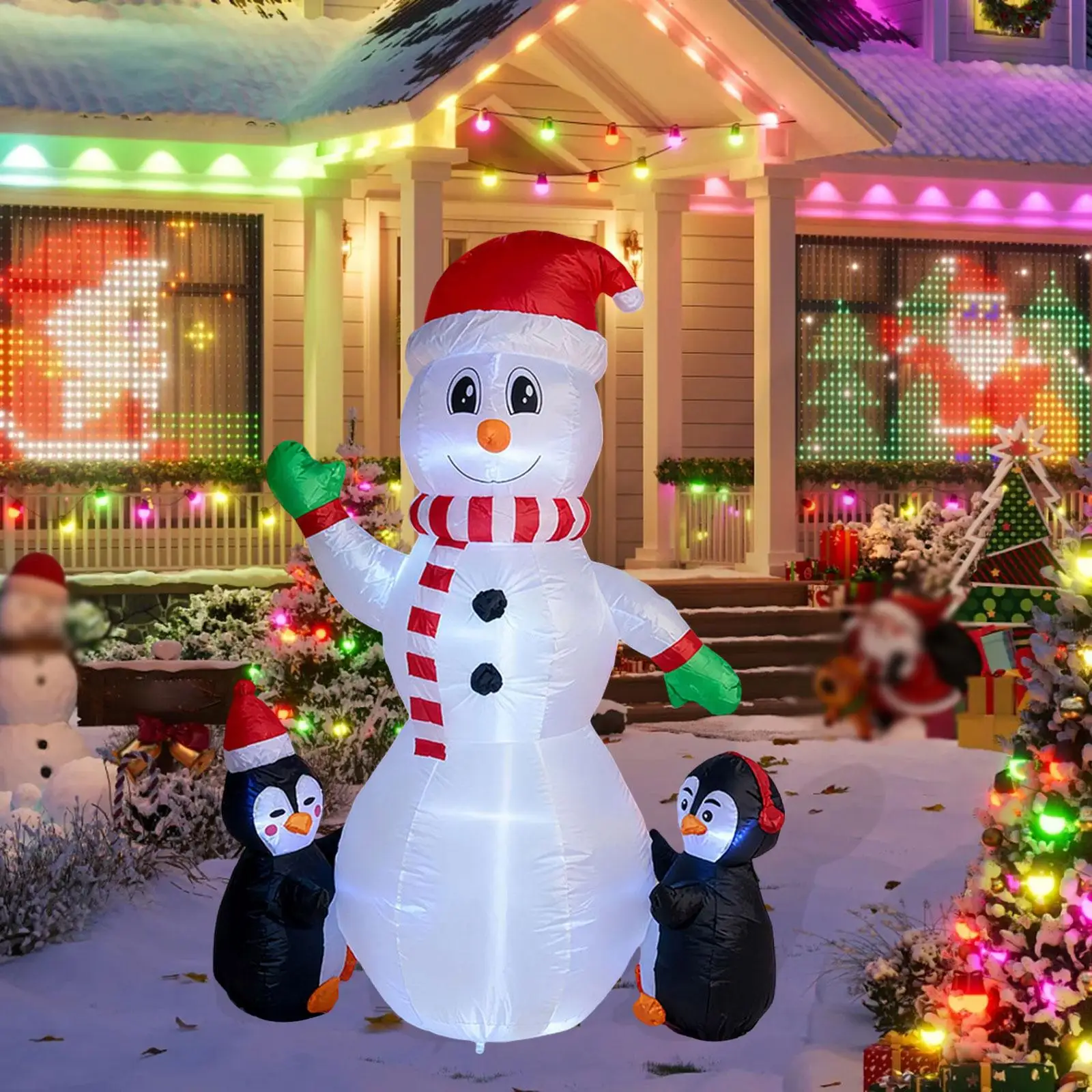 Muñeco de nieve inflable de Navidad con pingüinos, escena de decoración interior y exterior