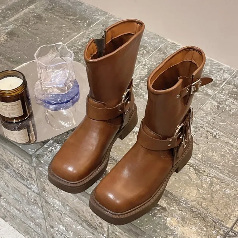 Botines de mujer otoño trabajo moda elegante Punk nuevo en negro lujo tacón bajo punta redonda cuero Dropshipping centro calzado - imagen 3