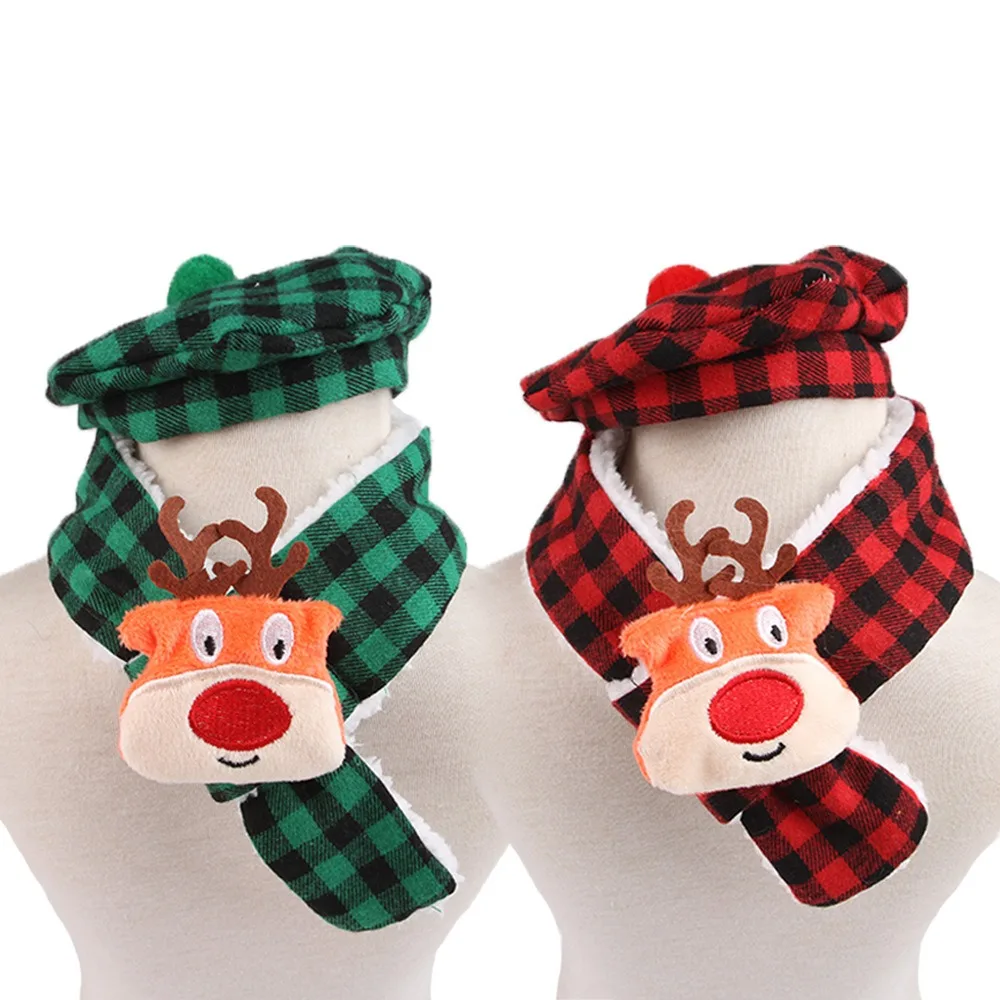 Bufanda a cuadros de otoño e invierno para mascotas y toalla de baba, bufanda triangular de doble capa con sombrero de Navidad, accesorios para cachorros para perros pequeños - imagen 5