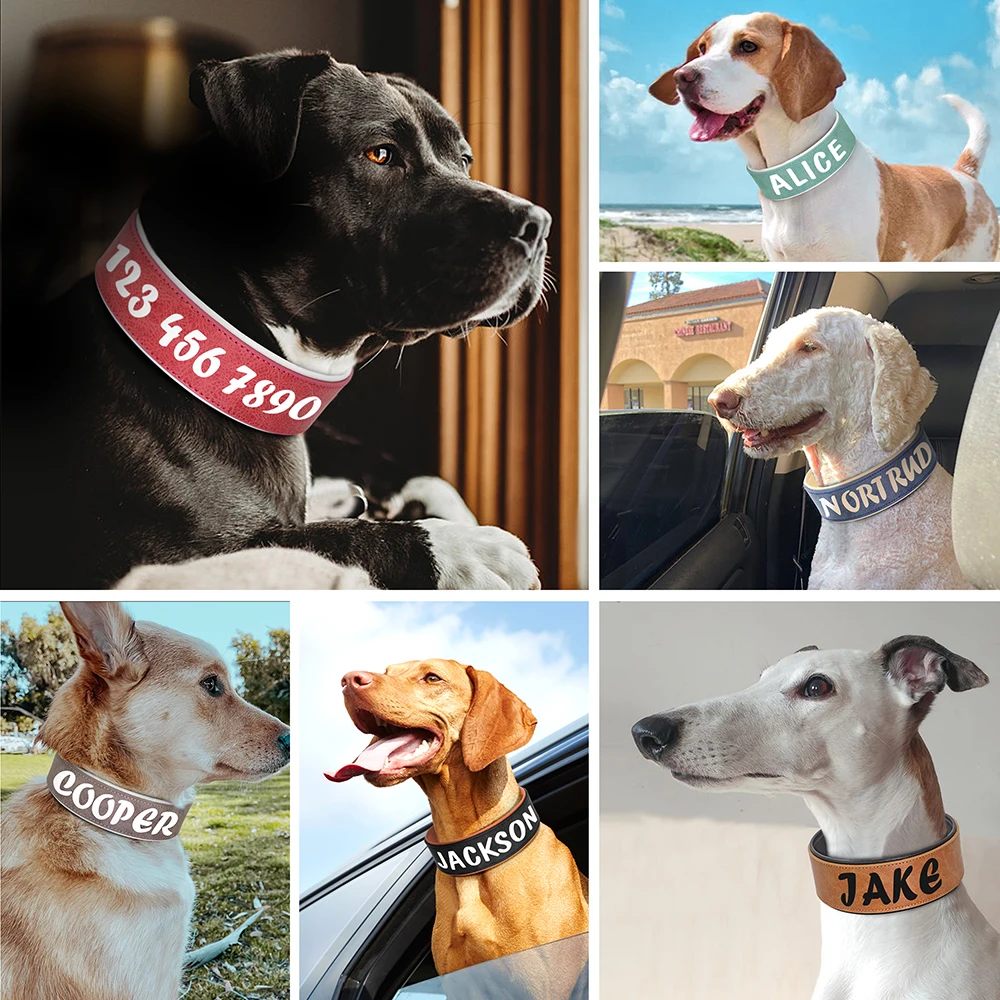 Collar personalizado para perros grandes y medianos, Correa ancha de cuero personalizada para mascotas, identificación de nombre impresa - imagen 5