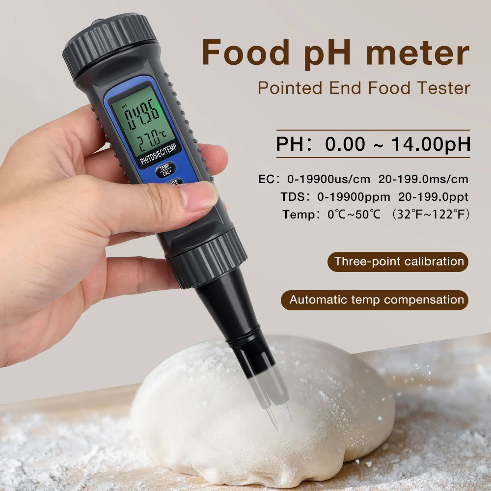 Medidor de PH de alimentos portátil LCD Digital carne masa fruta queso suelo acidímetro 4 en 1 PH TDS EC temperatura extremo puntiagudo probador de alimentos