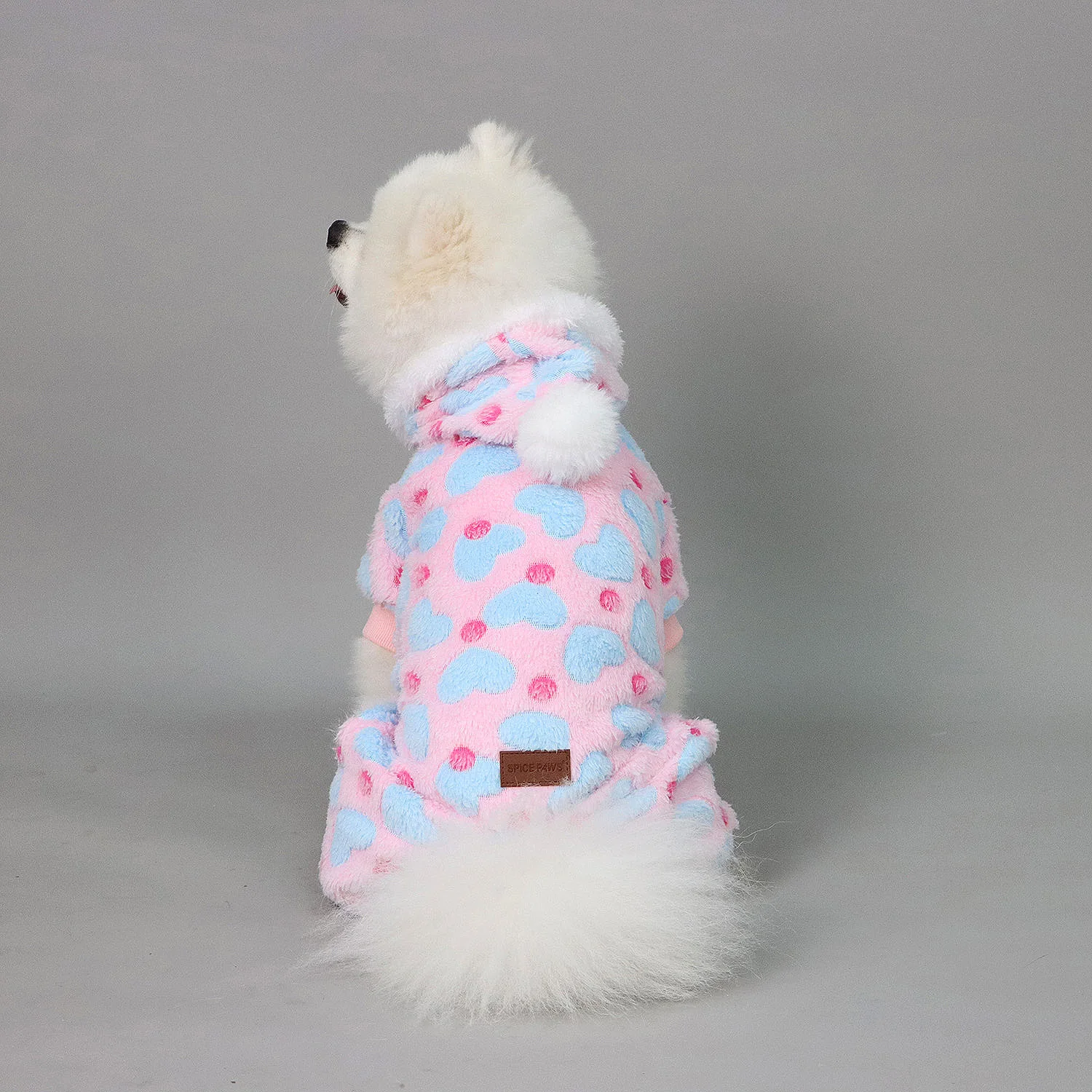 Pijamas de peluche para perros pequeños y niñas, pijamas cálidos de invierno con forma de corazón para cachorros, ropa de lana, suéter, traje para perros con pompón peludo, mono para mascotas - imagen 2