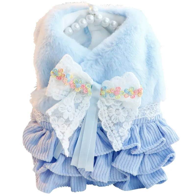 Vestido de princesa para perro de invierno con lazo y adorno de encaje, vestido Formal suave y cálido para perros pequeños, ropa Schnauzer Bichon Chihuahua - imagen 4
