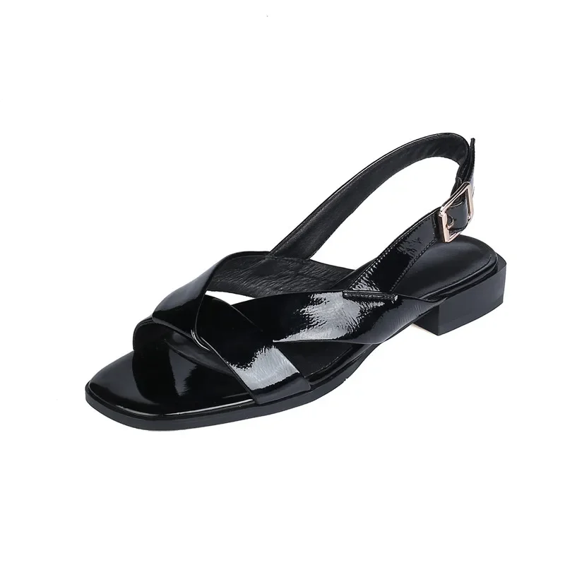 Zapatos de piel auténtica para mujer, sandalias informales de tacón bajo con punta cuadrada, cómodas, color negro y Beige, talla 35-42, novedad de 2023 - imagen 5