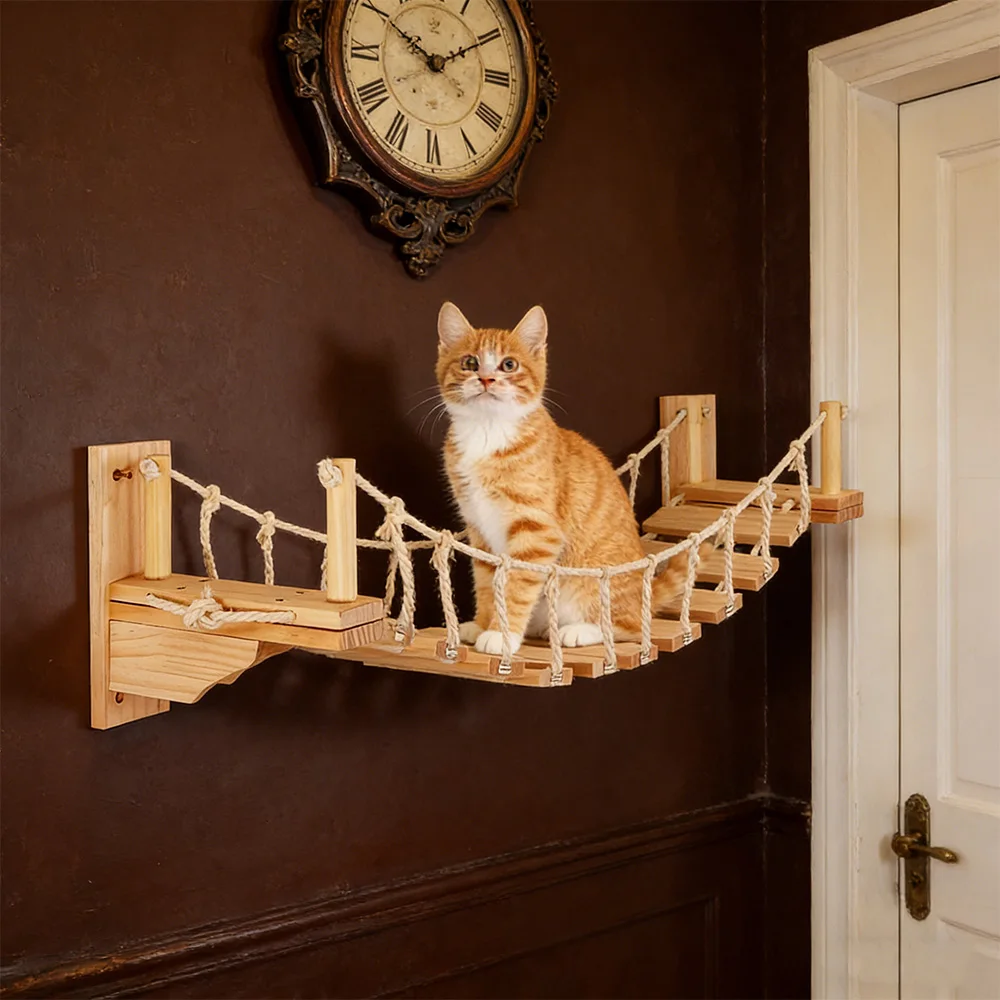Puente cuerda para gato en pared de madera natural con percha escalar - imagen 3