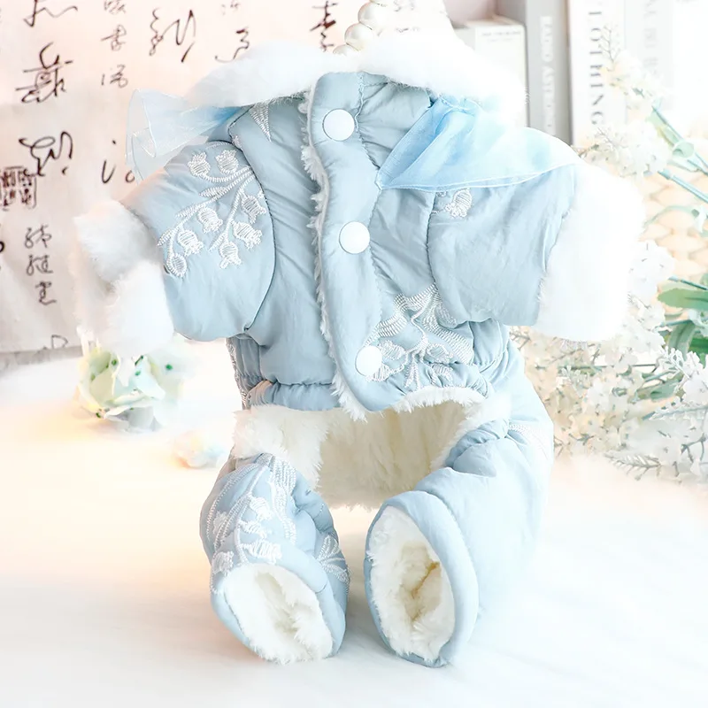 Nueva ropa de Otoño Invierno para perros, abrigo de algodón grueso y cálido para perros con cuello de piel sintética, ropa de princesa para perros pequeños - imagen 4