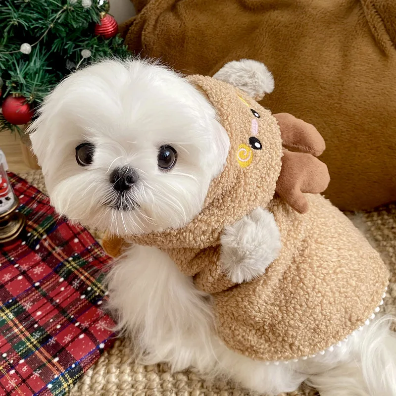 Ropa navideña para mascotas, chaqueta marrón para perros, capa navideña para perros, Yorkshire, ropa cálida de invierno, pijamas populares Bichon, albornoces - imagen 3