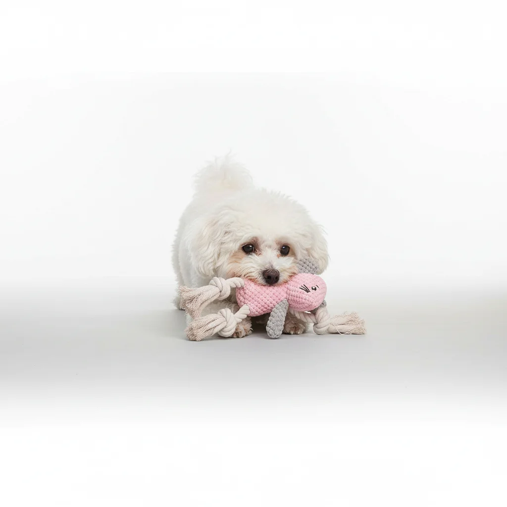 Juguete perro peluche chirriante con ratón y nudo algodón - imagen 3