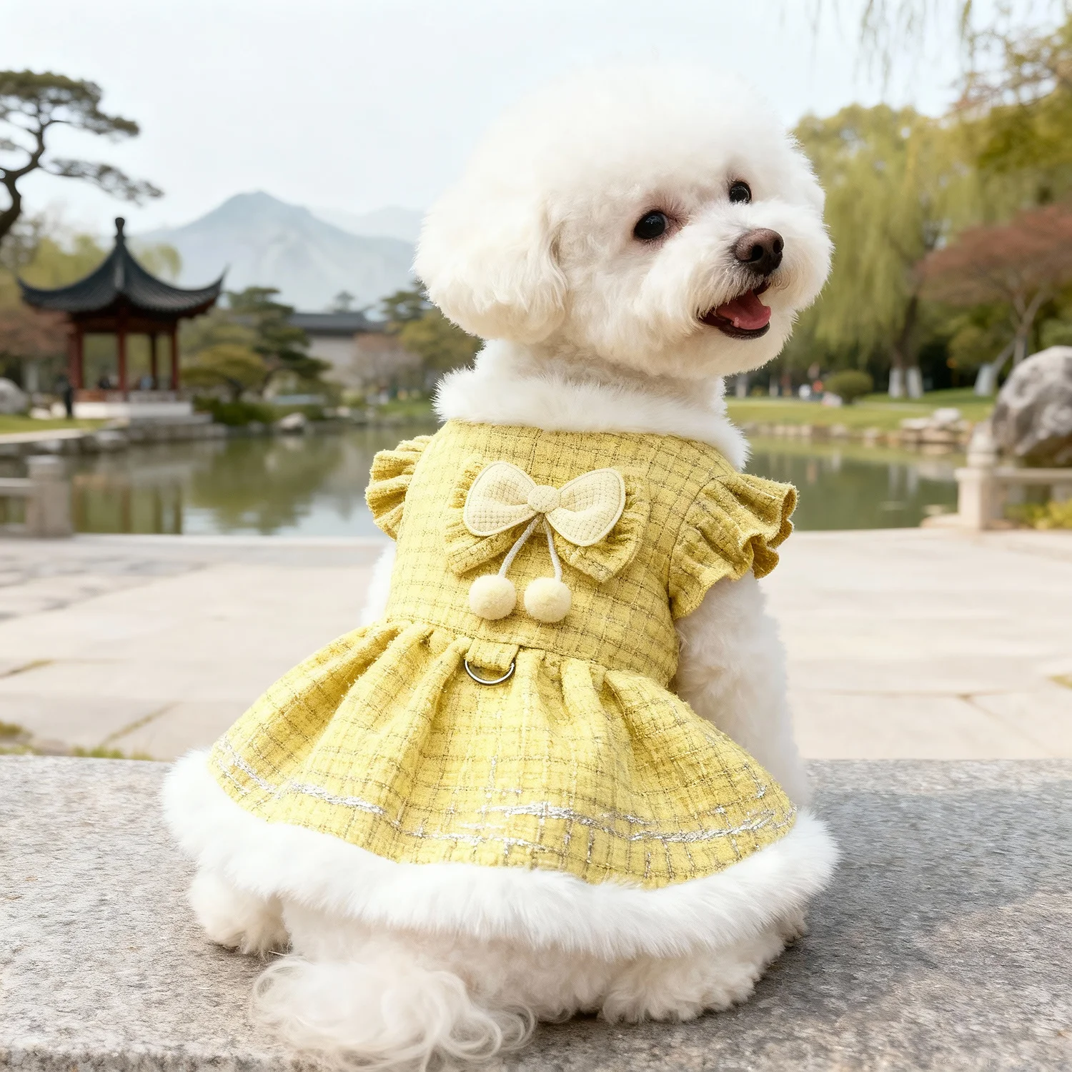Vestido de tweed para perros pequeños con lazo y pompones - imagen 5