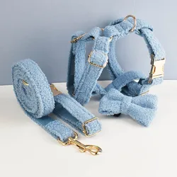 Conjunto collar y correa de terciopelo para perros con placa grabada
