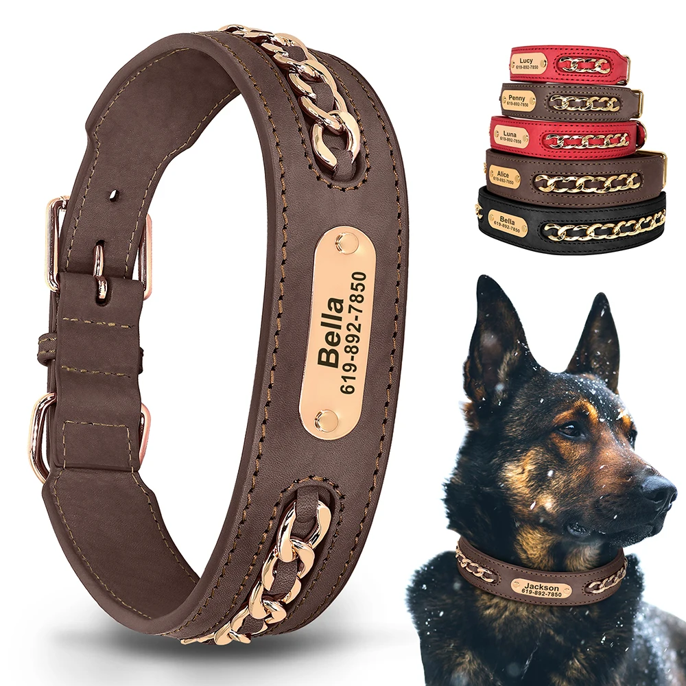 Collar de cuero con placa identificativa para perros ajustable - imagen 2