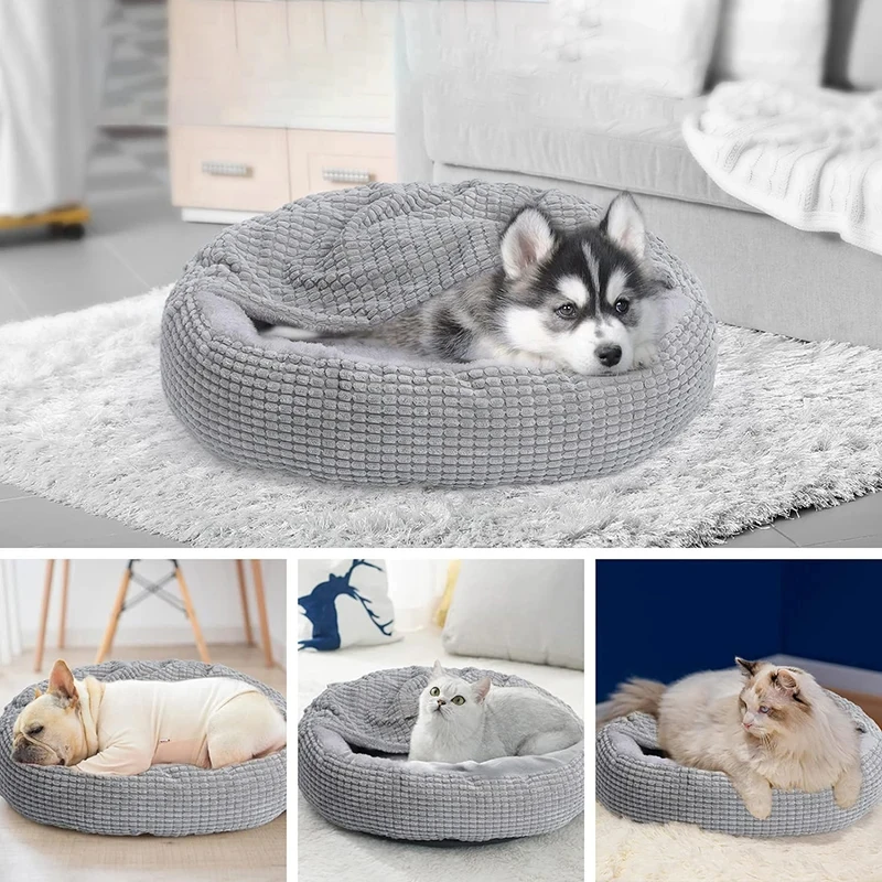Cama redonda para mascotas para perros, gatos, cachorros, estera cálida, mantas de invierno, cama ortopédica esponjosa antiestrés para perros y gatos, adecuada para invierno - imagen 5