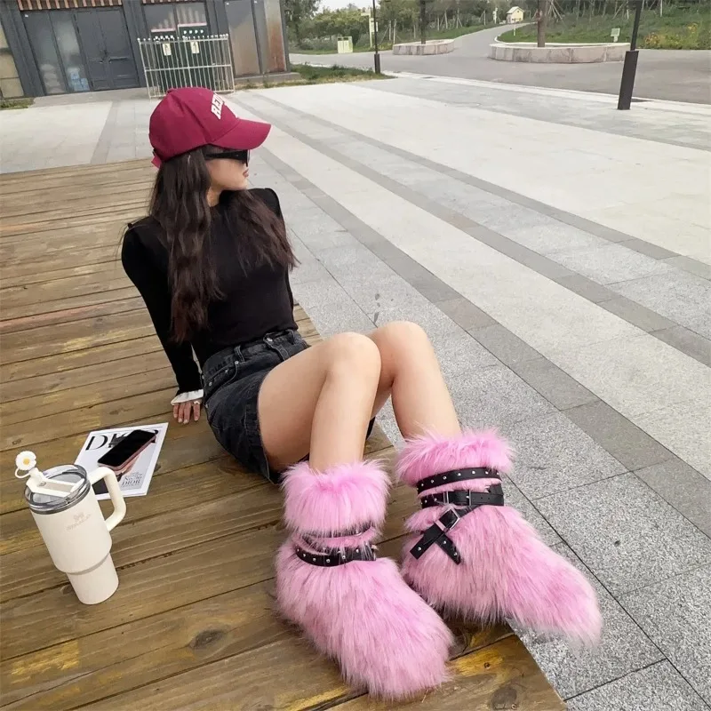 Botas de nieve femeninas de piel de mapache de una pieza, nuevo diseño de piel de invierno, zapatos de piel, botas de pierna media para exteriores Y2k, chica rosa fresca - imagen 2