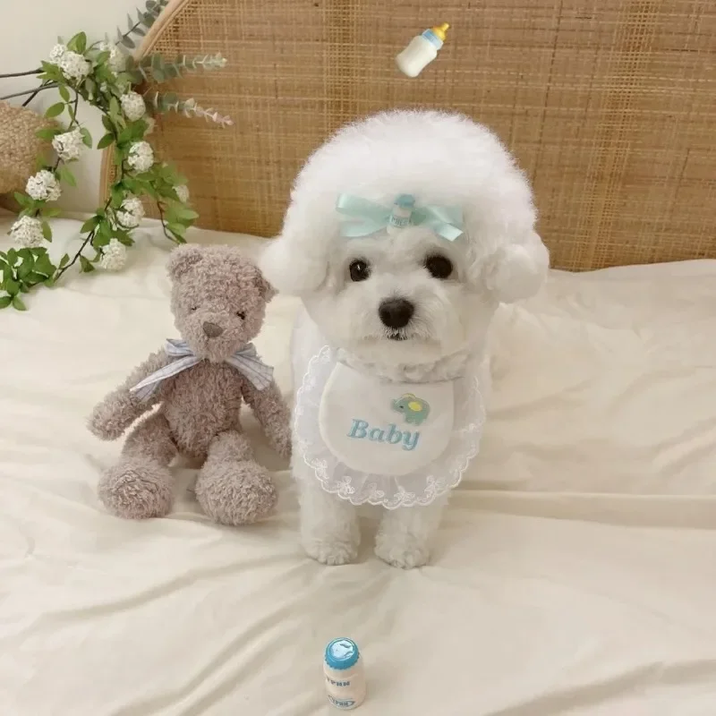 INS lindo encaje botella arco Baberos para mascotas algodón cómodo gato perro baba toalla cachorro Clip para el pelo conjunto decoraciones Collar accesorios para perros - imagen 3