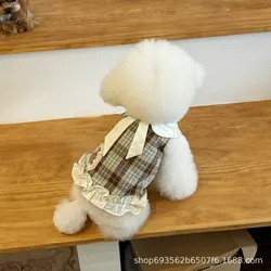Falda de encaje a cuadros para otoño/invierno, chaleco para gato, vestidos para perros con lazo de peluche para perros pequeños, ropa para cachorros