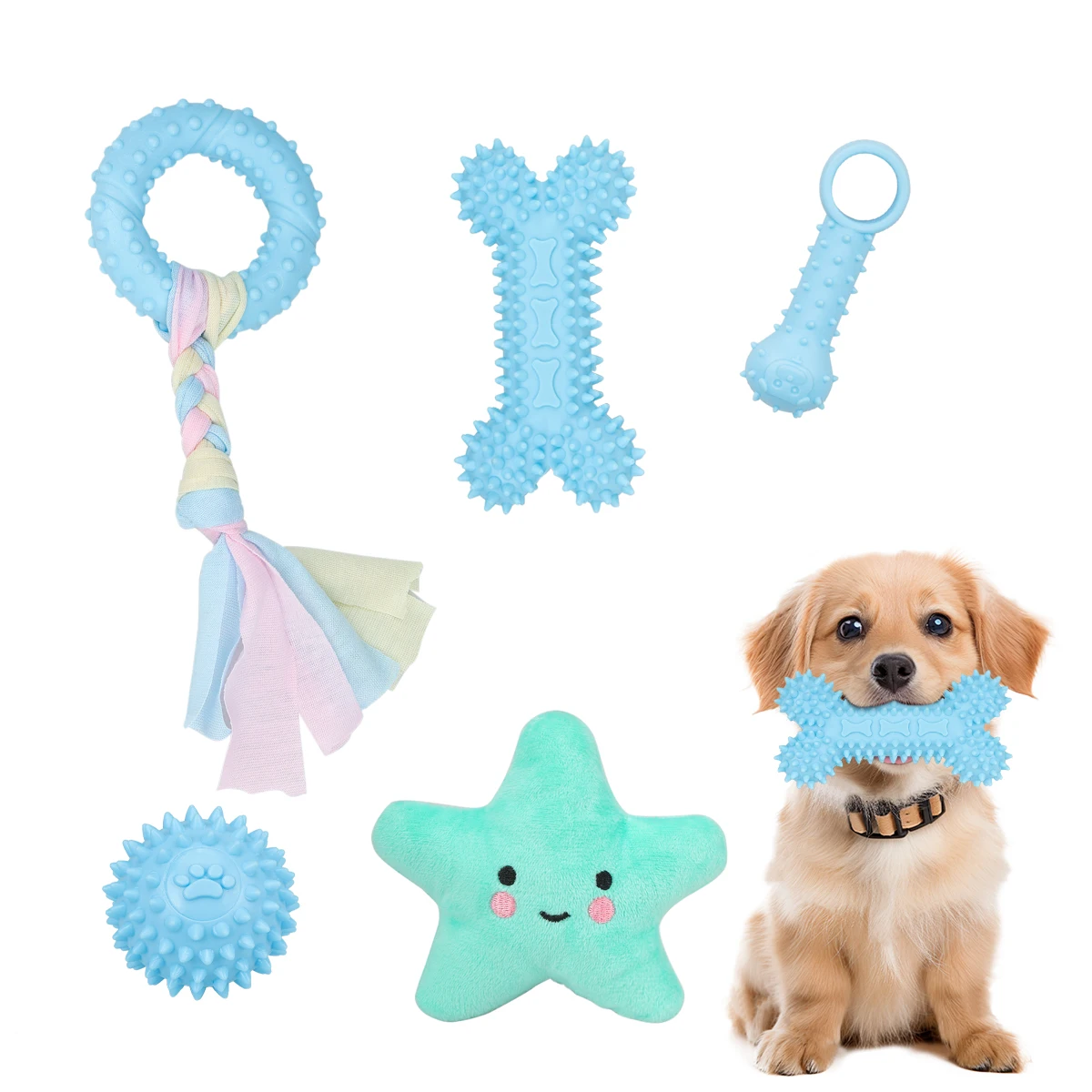 Juego de 5 piezas de juguetes para perros, huesos de dentición para mascotas, juguetes para gatos y perros, serie rosa, lindos juguetes de peluche para perros