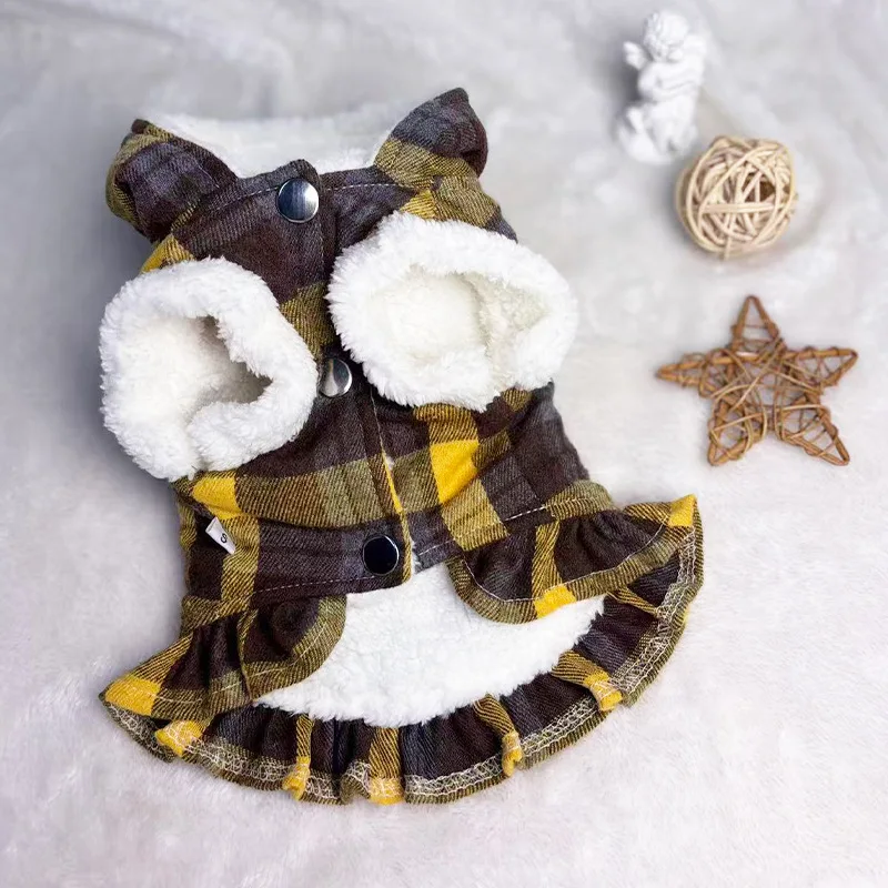Vestido a cuadros de otoño/invierno para mascotas, abrigo grueso y cálido para perros pequeños y gatos, ropa para perros pequeños, ropa para cachorros
