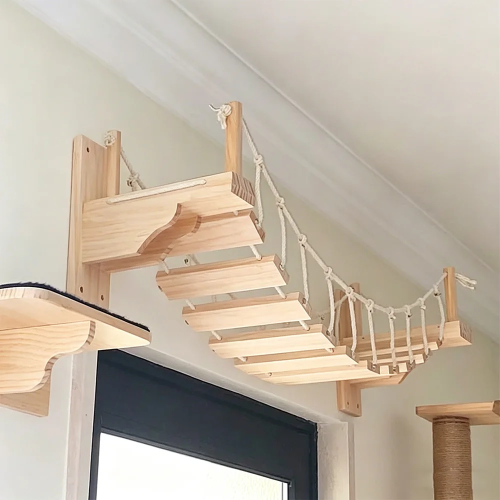 Parque rascador para gatos con casa de pared, sisal y puente de madera - imagen 2