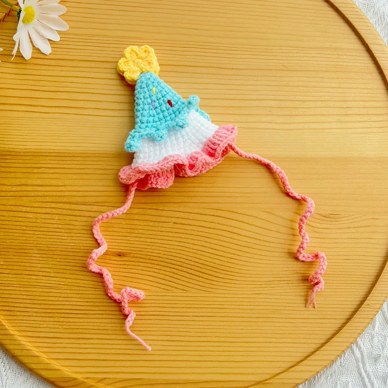 Gorro de cumpleaños tejido para perros, hilo de aseo tejido a mano para mascotas, gorro Floral pequeño, gorros para gatos, accesorios para perros pequeños y cachorros - imagen 5
