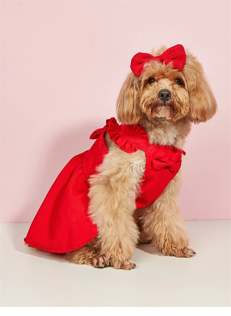 Corduroy Winter Vest Dress for Chihuahua Solid Red New Year Small Medium Puppy Clothing Lovely Bow Knot Princess Cat Overalls - imagen 2