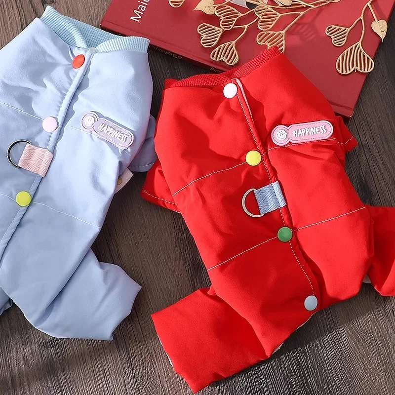 Ropa cálida de invierno para mascotas, abrigo de plumón para perros de tamaño mediano, ropa para perros de Color sólido, ropa gruesa de cuatro patas para Bichon, monos para mascotas - imagen 3