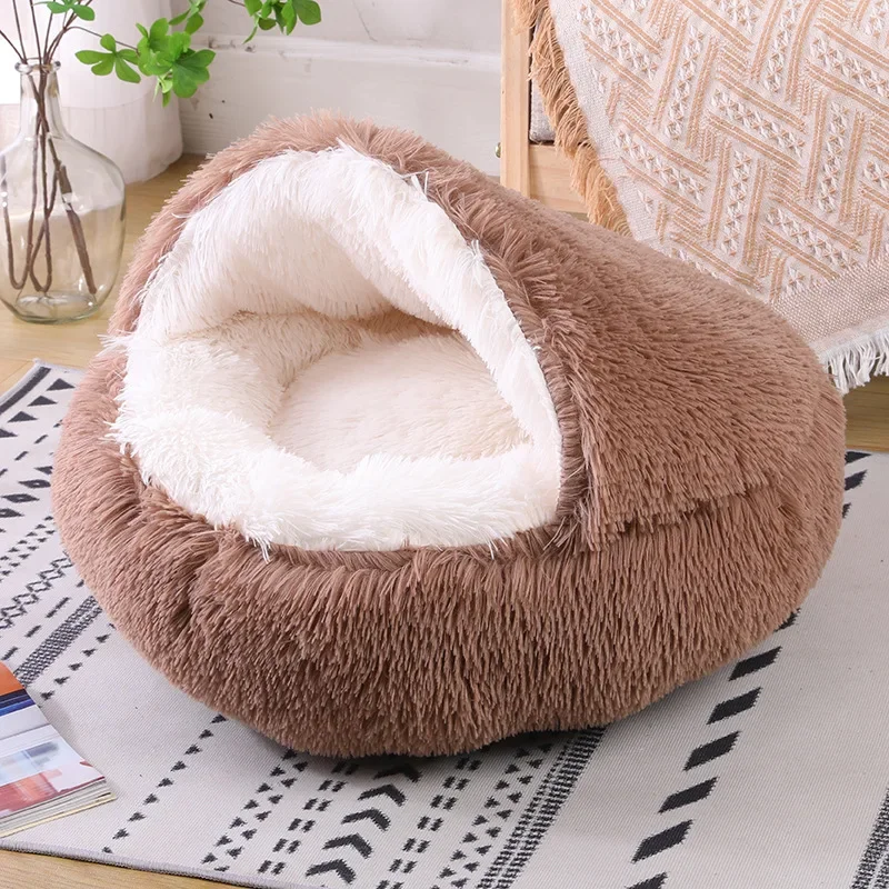 Cama para gatos con repetición, cama redonda de felpa esponjosa con capucha, cueva para gatos acogedora para interiores, Donut, autocalentable, cama para perros pequeños, antiansiedad para invierno - imagen 5