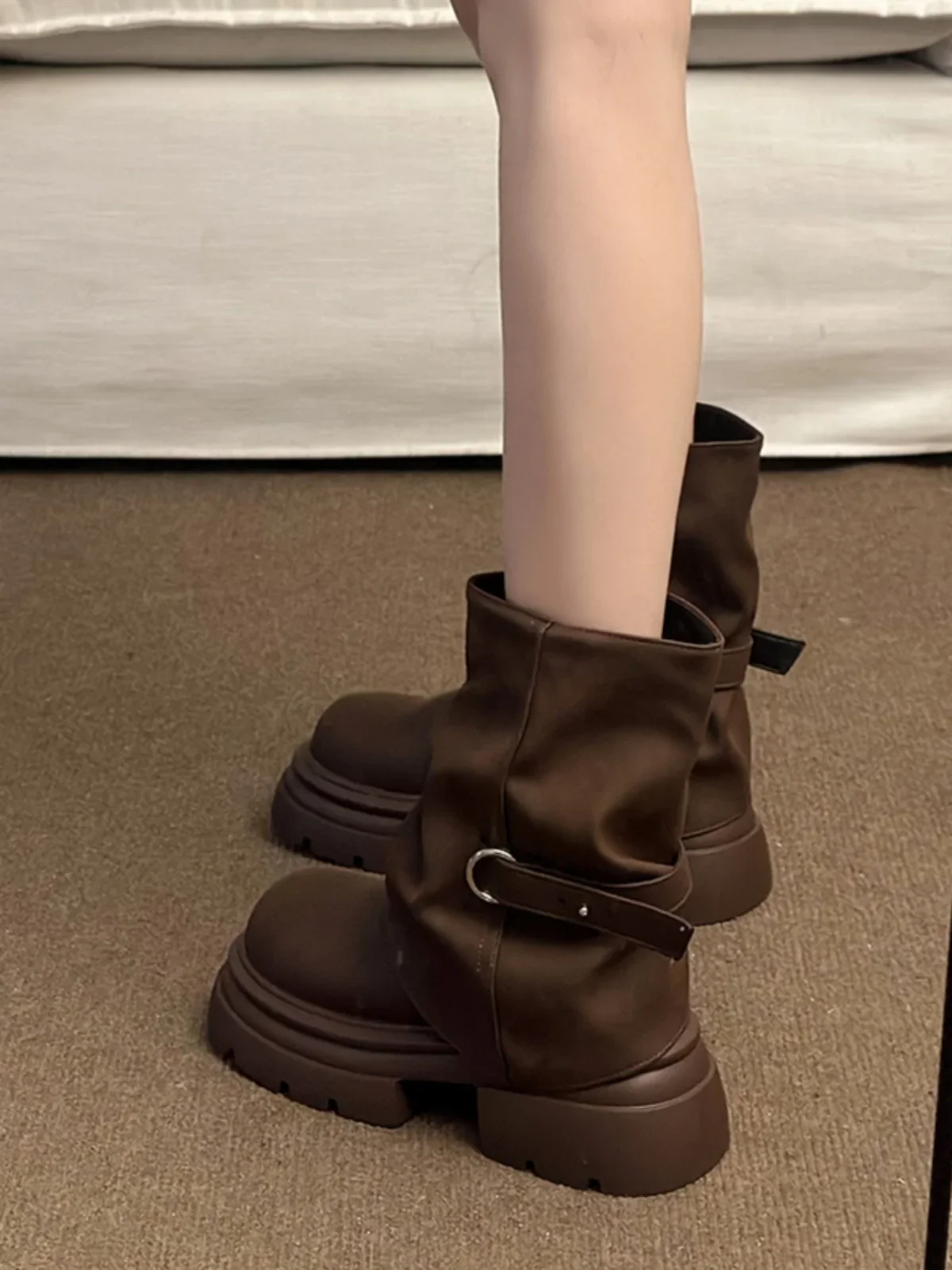 Botas marrones Ort para mujer, botas Thi Bot Faion de otoño e invierno, zapatos de tubo de pierna delgada, zapatos de mujer con punta redonda Street Sle - imagen 3